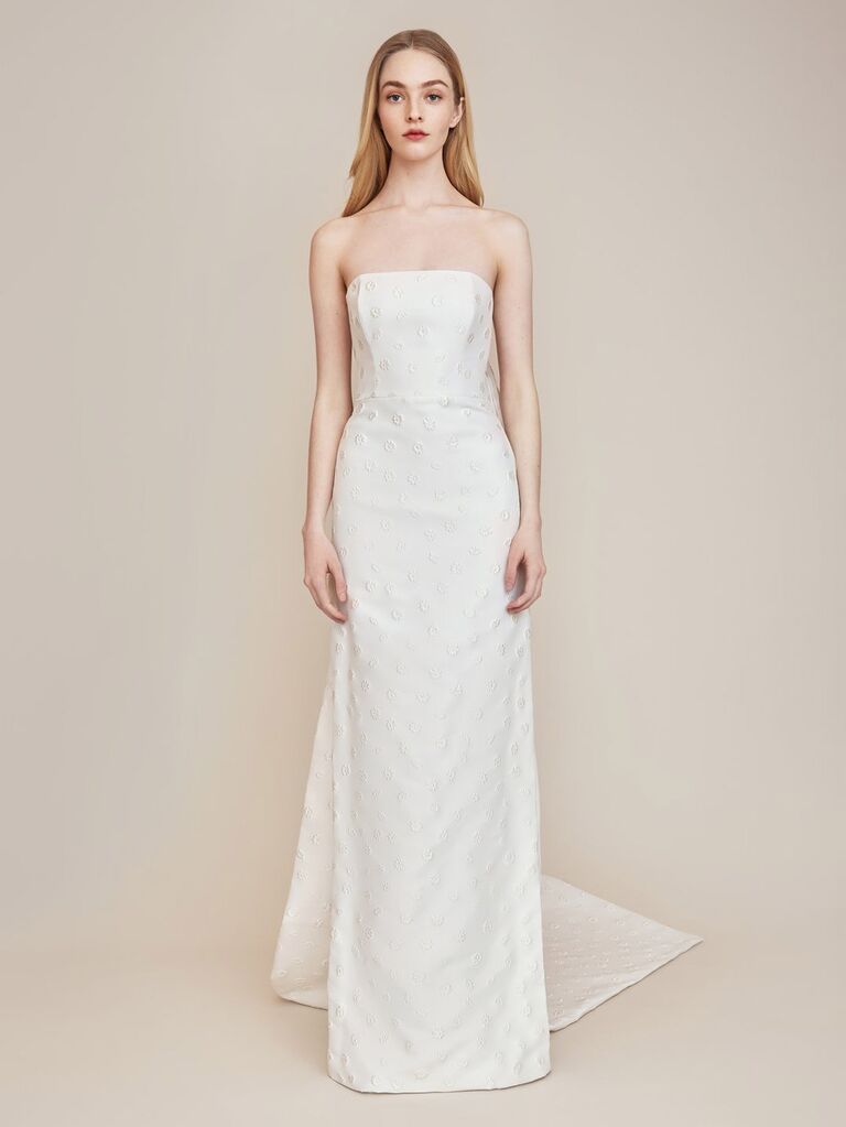 lela rose plain white strapless wedding dress with square neckline detachable back drape and chest and skirt with allover circular embellishments