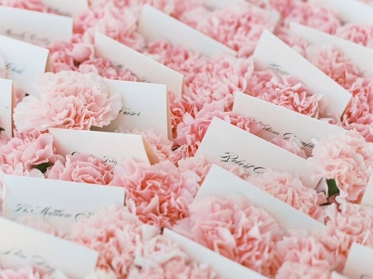 escort cards displayed amongst pink carnations