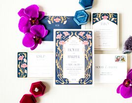 Floral wedding invitations and save the dates arranged with flowers and wedding bands