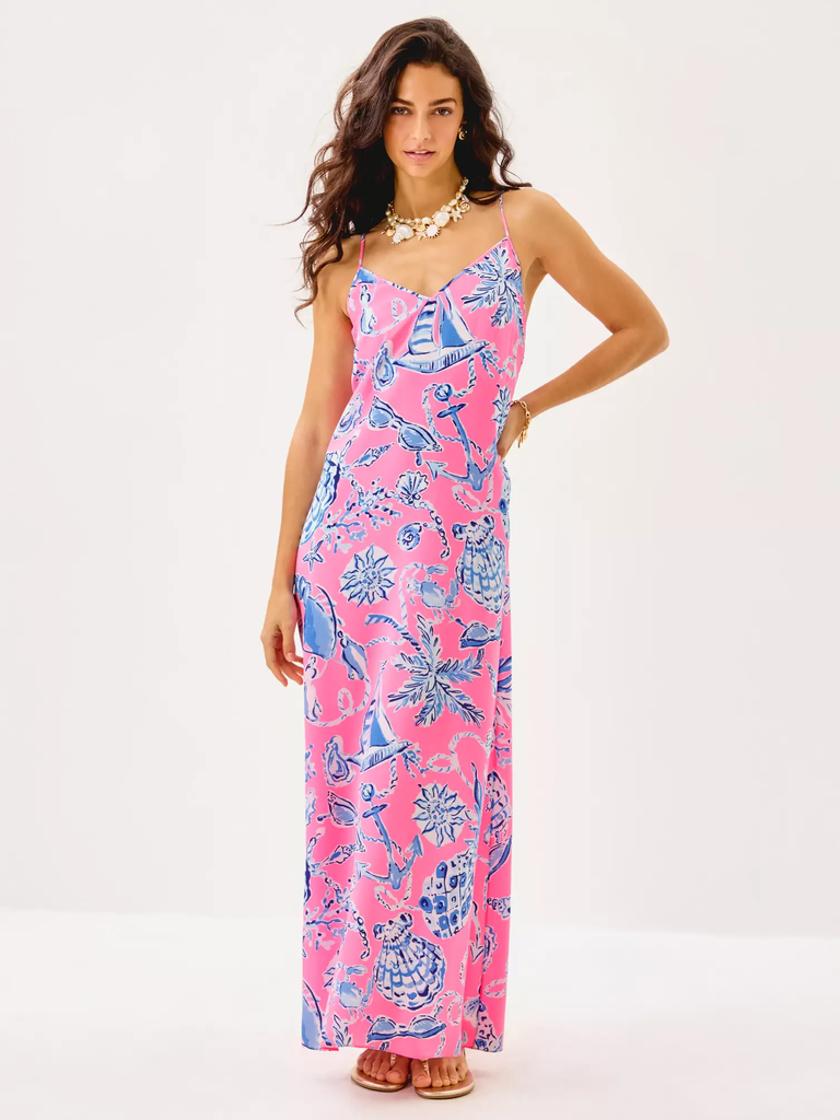 Pink printed maxi mommy and me dress for wedding from Lilly Pulitzer