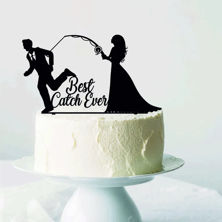 'Best catch ever' bride fishing groom funny wedding cake topper