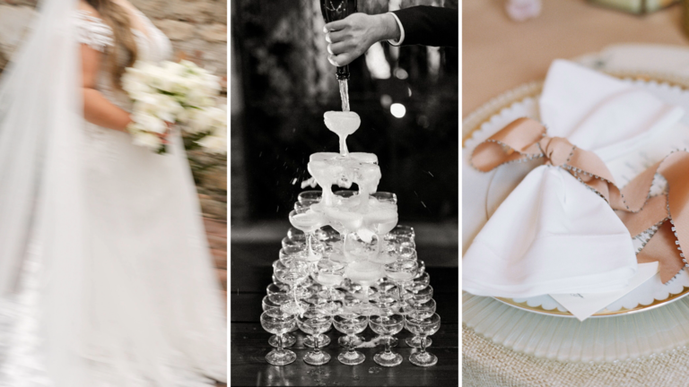 classic wedding vibe collage with blurry photography, champagne tower and pink ribbon tied around white napkin