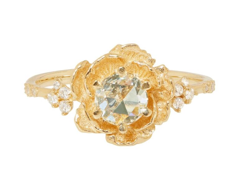 catbird flower engagement ring with round diamond gold petals side round diamonds and rustic plain gold band