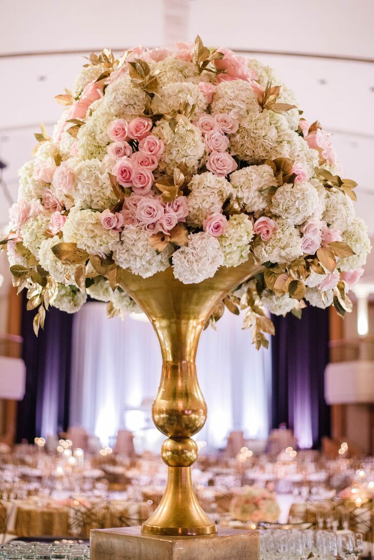 Gold Vase Centerpiece With Hydrangeas And Pink Roses