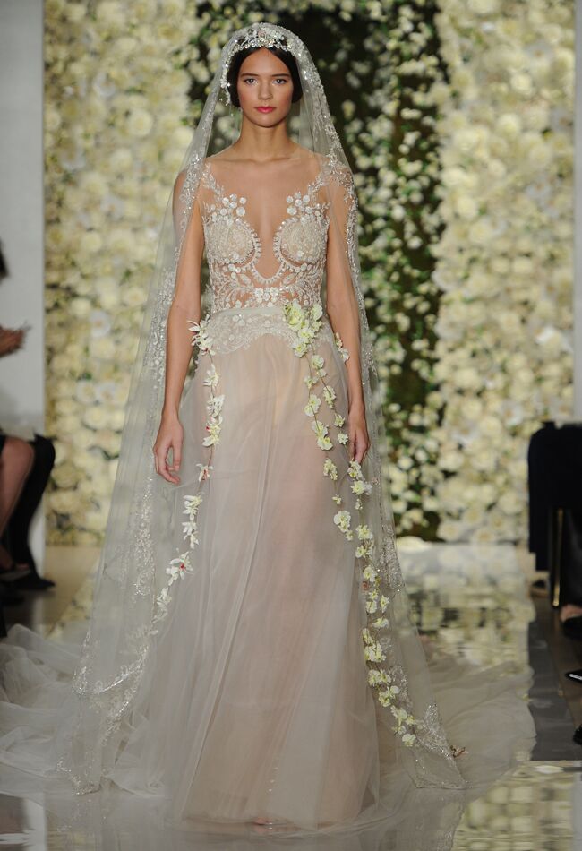 Reem Acra Featured Sheer Crop Top Wedding Dresses and Full Embroidered ...