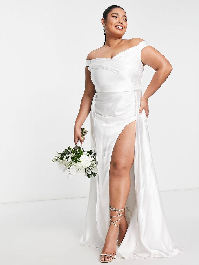 Off the shoulder silk plus size wedding dress by ASOS. 