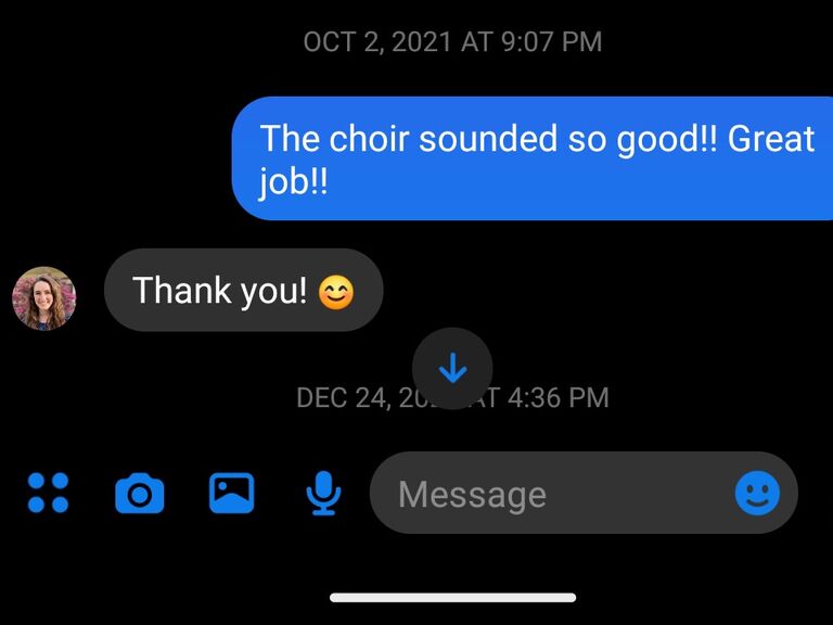 Andrew worked the lights for Maddie's first concert singing with the Concordia Choir. He made one more attempt to flirt, but Maddie was oblivious and thought he just liked the choir. Andrew then thought "message received" and gave up.