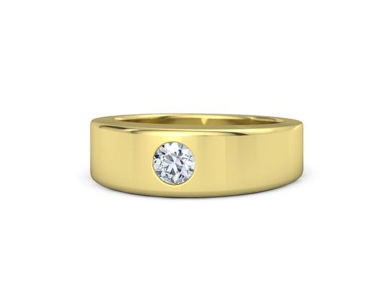 gemvara round cut engagement ring with round diamond center stone and thick yellow gold band