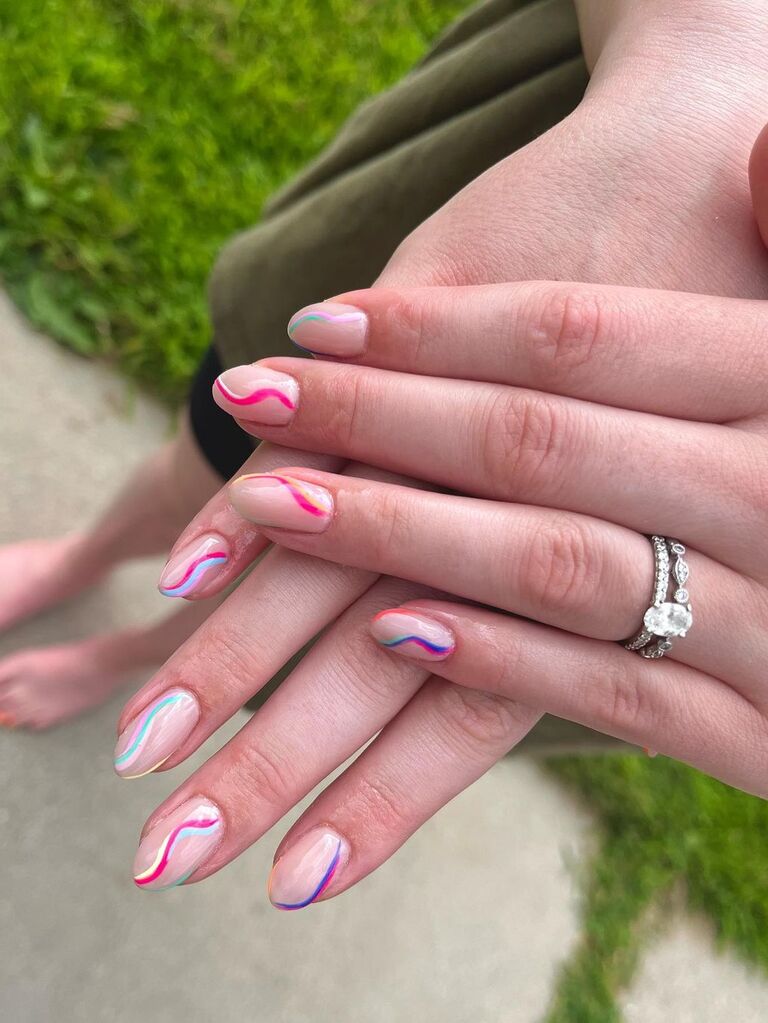 Mismatched neon lines bridesmaid nails