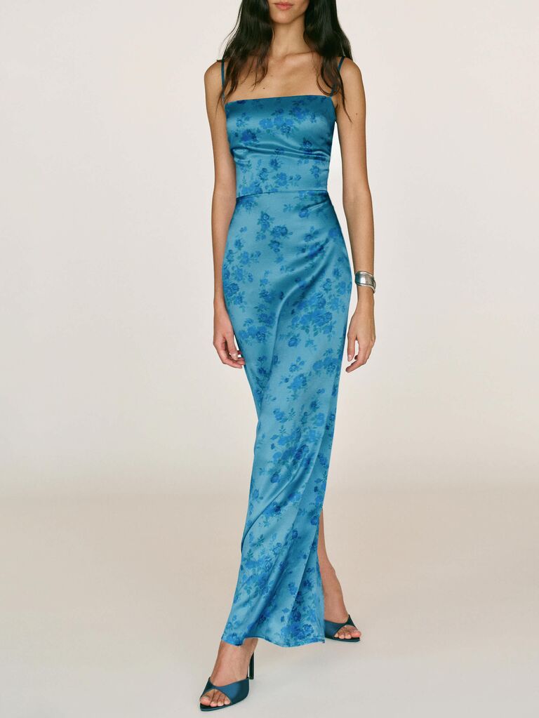 Reformation blue silk floral summer wedding guest dress