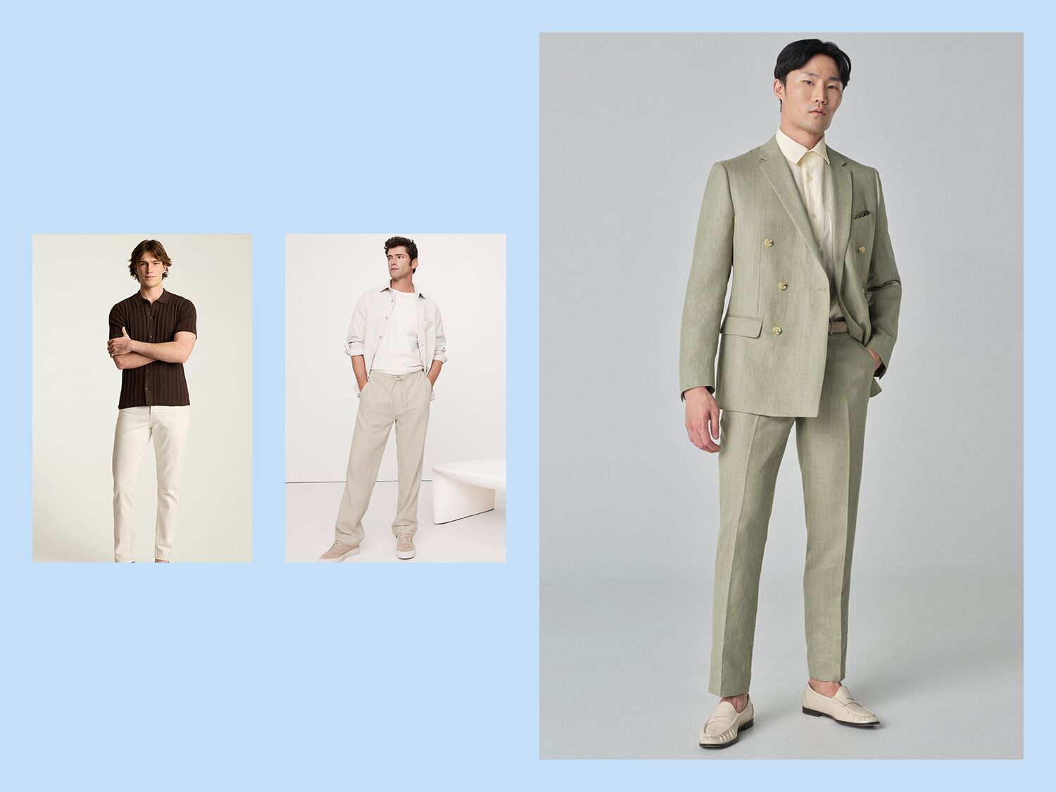 Three beach wedding outfits for groom