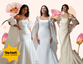 three wedding dresses with capes