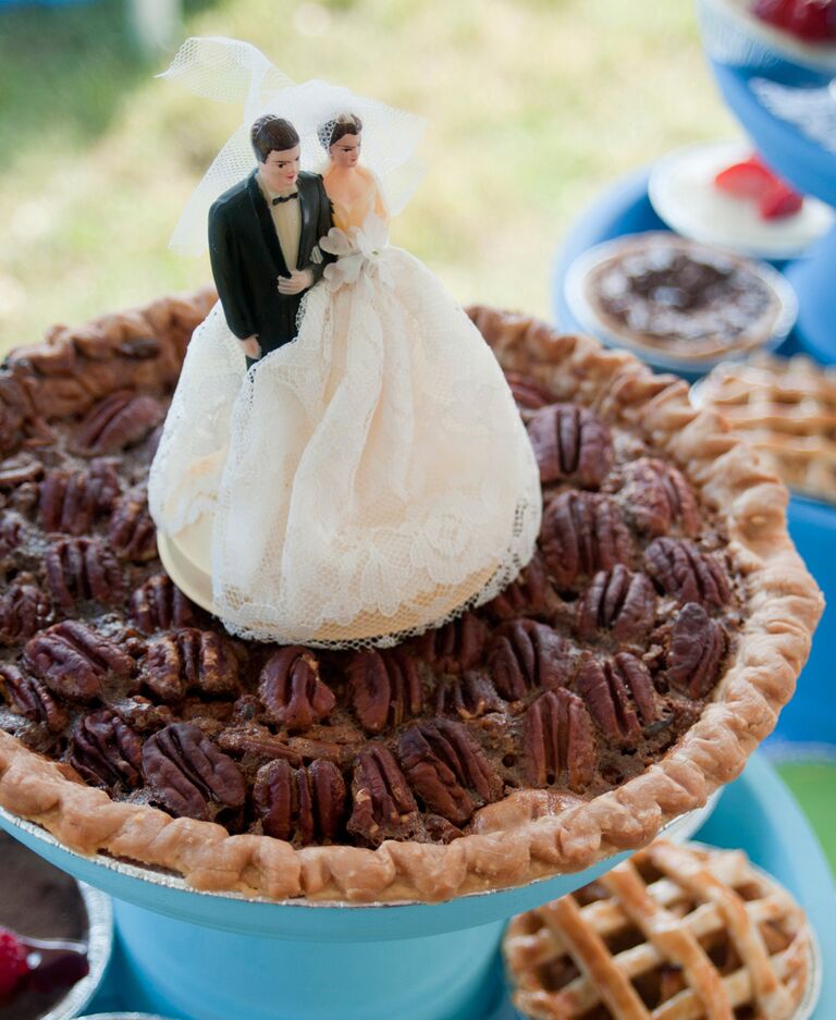 Pecan pie wedding dessert with vintage topper