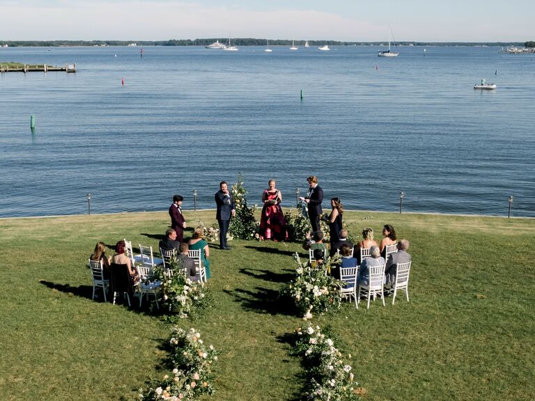 Outdoor waterfront wedding ceremony 