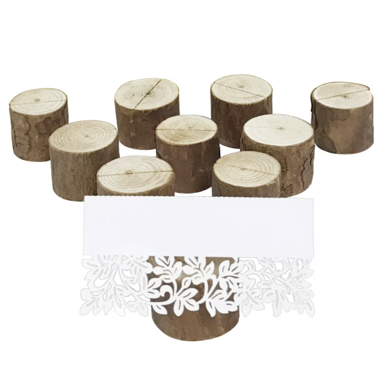Rustic wooden stump place card holders