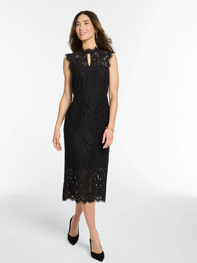 Talbots paisley black lace petite wedding guest dress