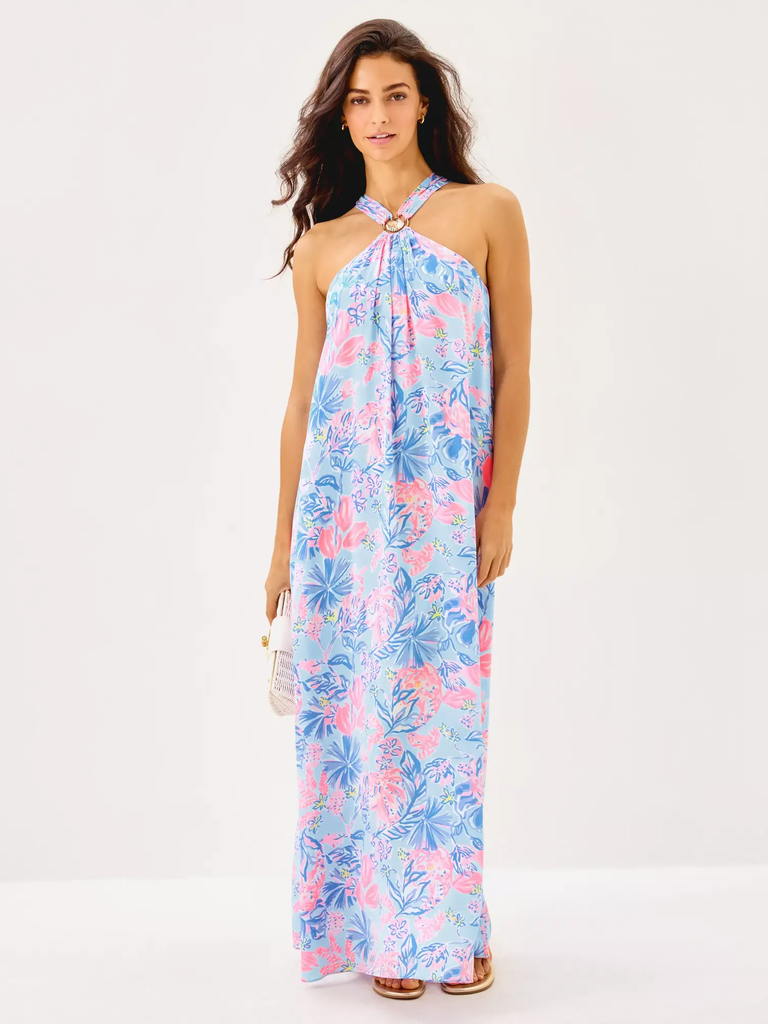 Blue floral silk maxi mommy and me dress for wedding from Lilly Pulitzer