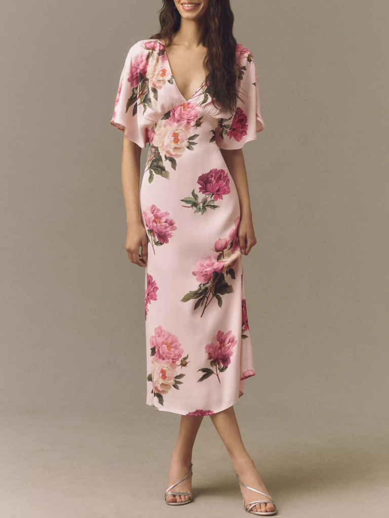 BHLDN pink floral cocktail wedding guest dress for over 50s