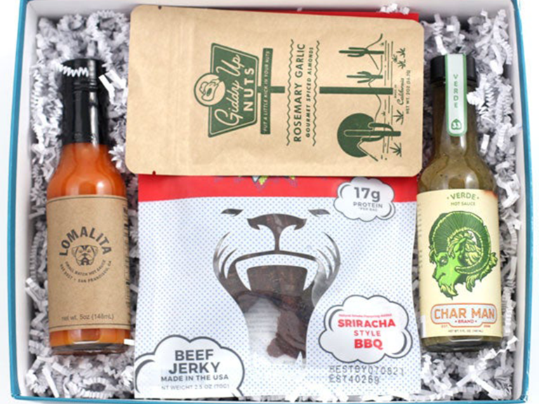 California Crafted food gift box with beef jerky, sauces, rosemary garlic nuts, etc.