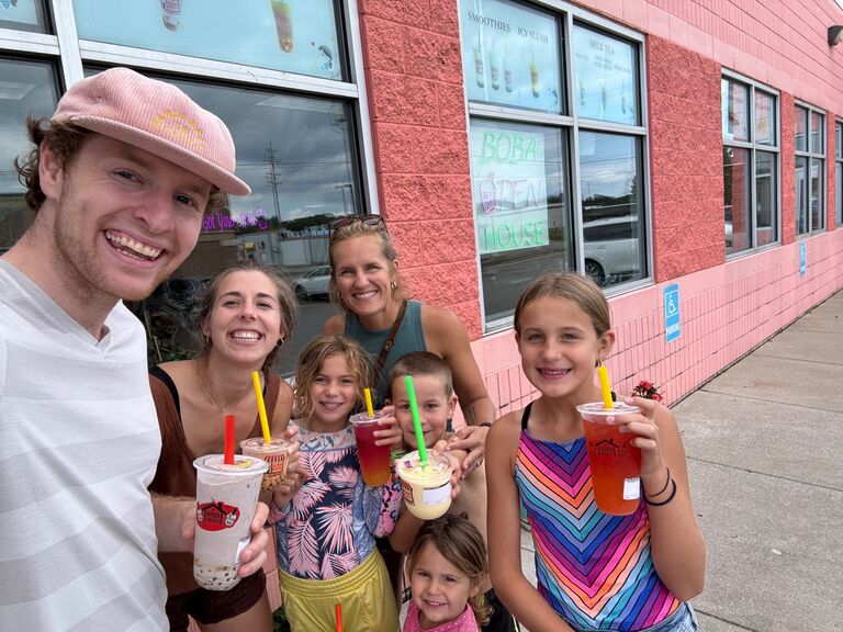 The pastor's kids, who Belle watched for a bit that summer, convinced us to take them to go swimming. We convinced them (and their mom) to snag boba afterward. 