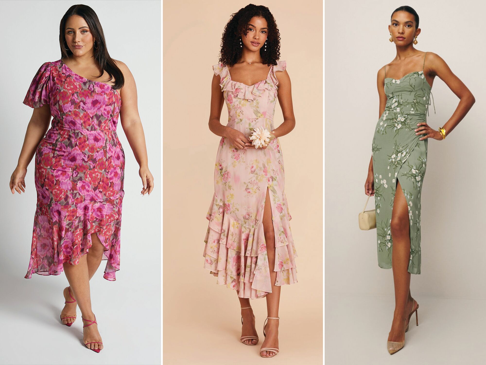 Three floral wedding guest dresses