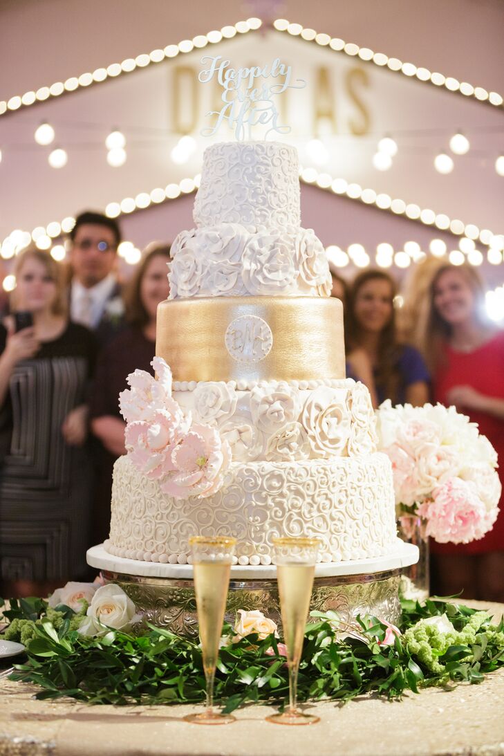 Ivory, Gold Wedding Cake with Blush Sugar Flowers