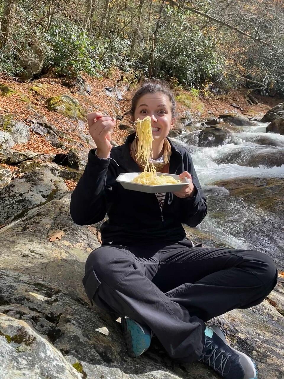 It was also during 2020 that Julie and Jeremy began taking advantage of the beautiful mountains surrounding Waynesville.  Hikes became frequent during these times; and of course, just because they were in the wilderness didn't mean Julie had to go without her pasta!