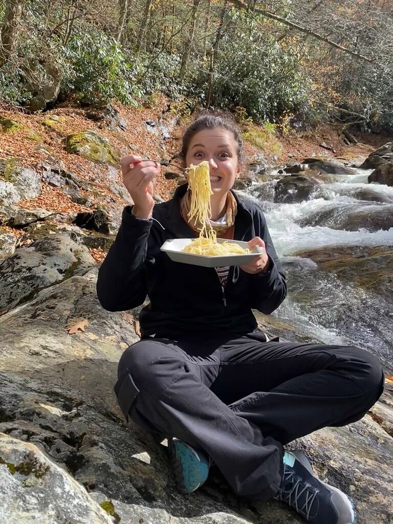 It was also during 2020 that Julie and Jeremy began taking advantage of the beautiful mountains surrounding Waynesville.  Hikes became frequent during these times; and of course, just because they were in the wilderness didn't mean Julie had to go without her pasta!