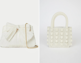 Side by side collage of two white handbags