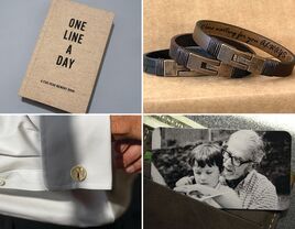 Four wedding gift ideas for son: one-line-a-day journal, personalized bracelet, wallet photo card, cufflinks