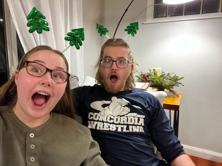 Molly and I at the College Bible Study Christmas Party! Peep the matching hairbands that we borrowed