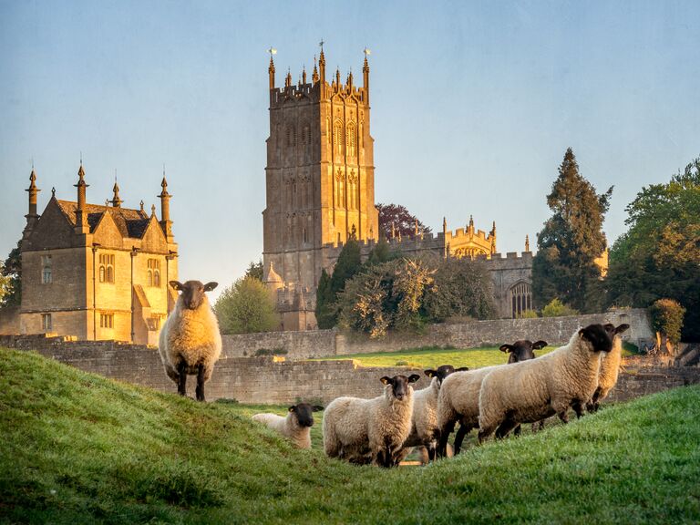 The sun sets over a romantic view of a church and sheep in the English countryside