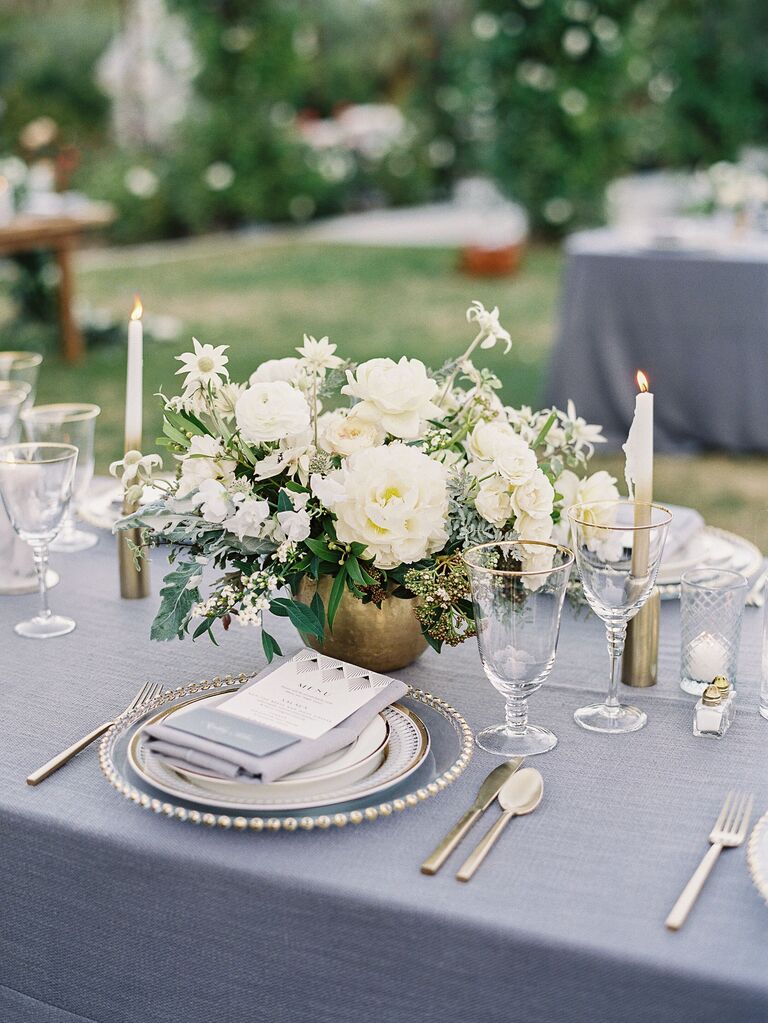 White rose wedding reception floral arrangement