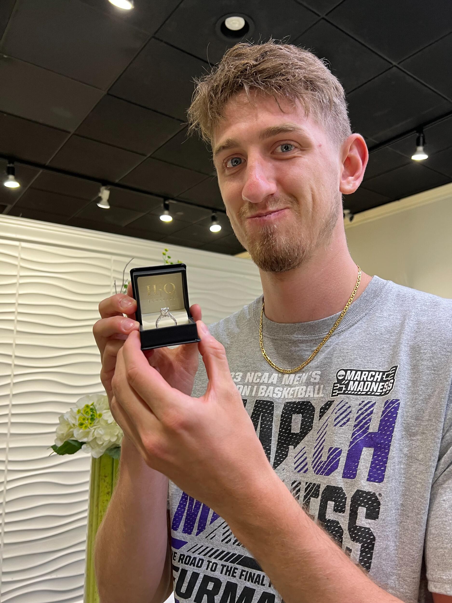 Jonny seeing for the first time the finished beautiful engagement ring he designed for Mere!