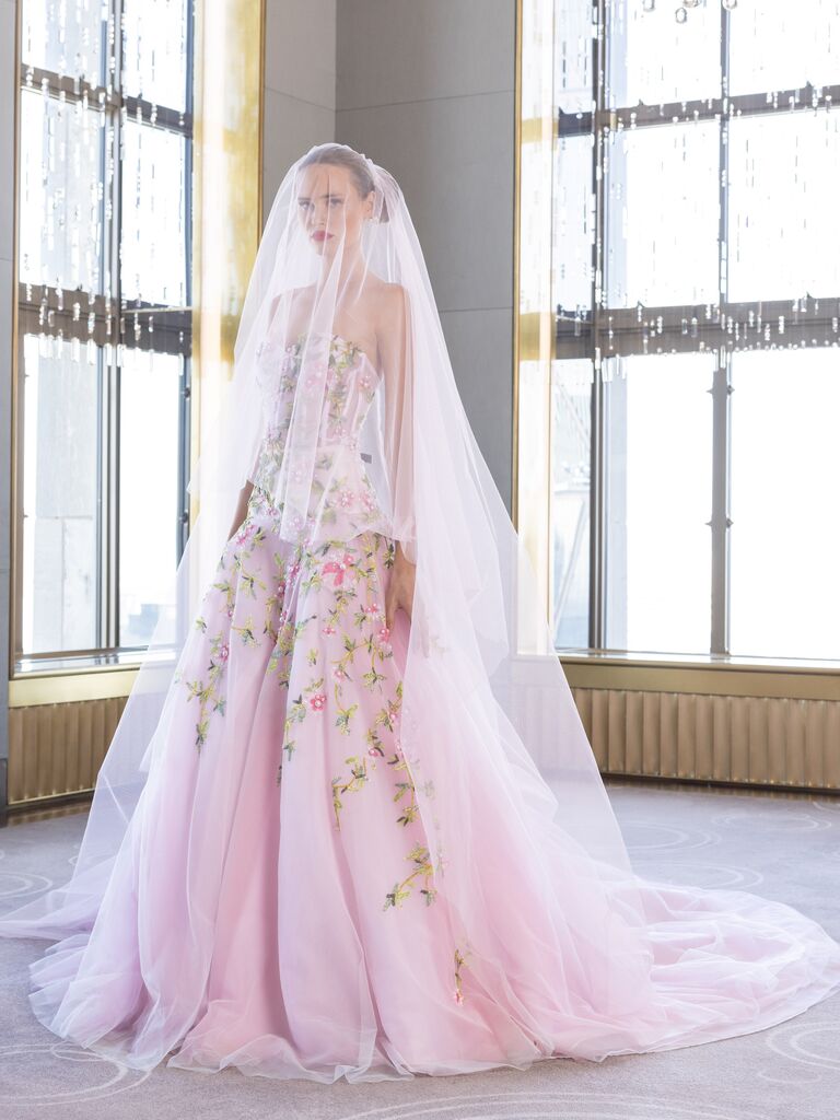 Nardos new wedding dress collection pink ball gown and veil with green and pink vine and flower details