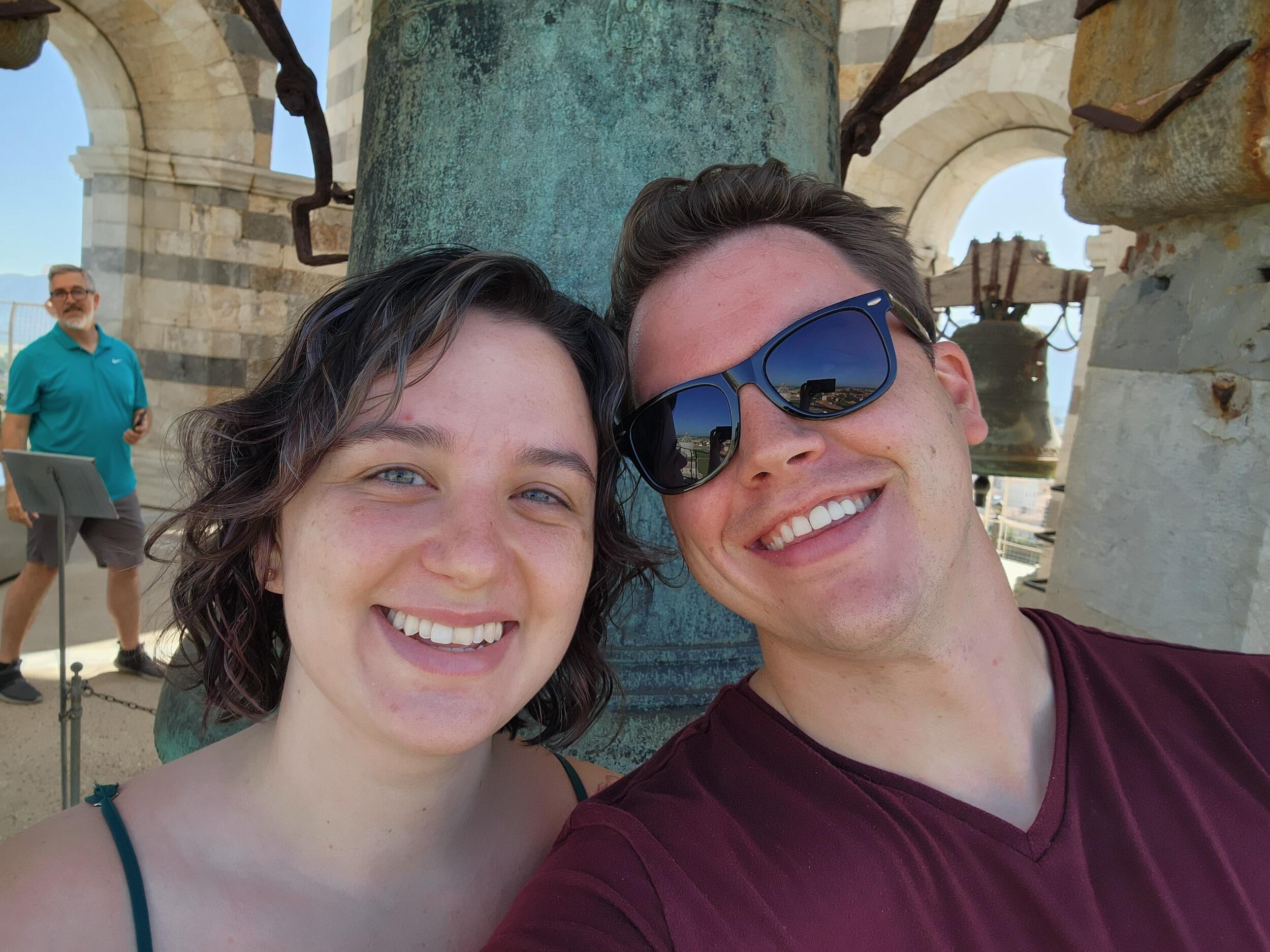 They climb to the top of the Leaning Tower of Pisa