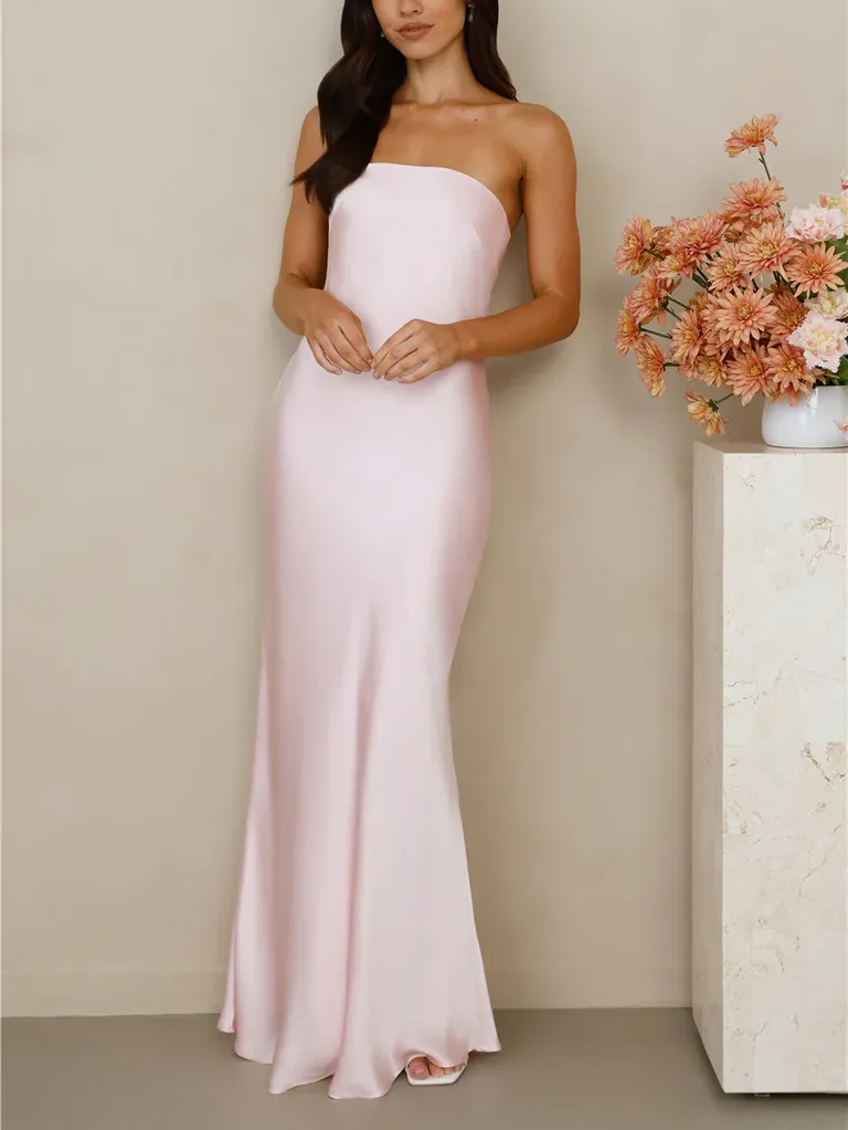 Blush pink satin slip strapless black tie optional dress from Hello Molly