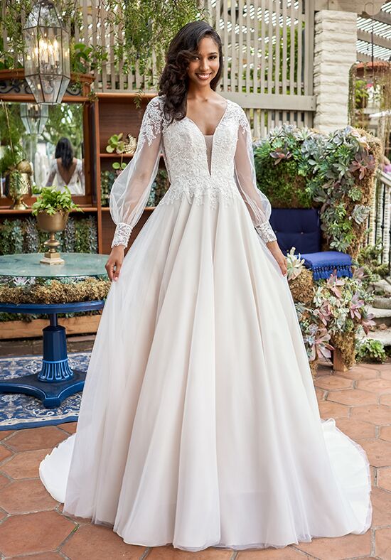 Long Sleeve V-neck A-line Wedding Dress With Lace Bodice And Satin