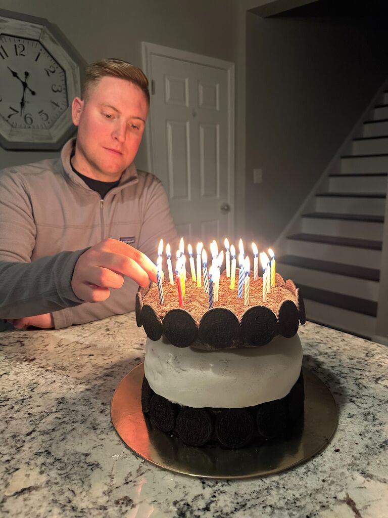 Kyle turns 26! This year's oreo cake is a top and bottom layer of dark chocolate cake with a middle layer split between a birthday cake oreo and java chip oreo cake each with their own flavored buttercream!