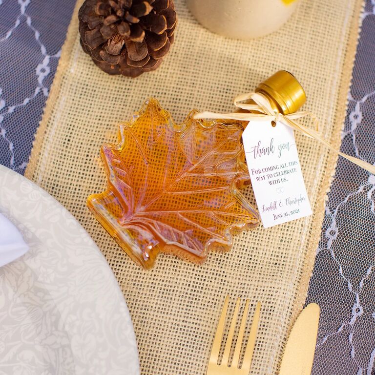 Mini maple syrup jar rustic wedding favor shaped like leaf