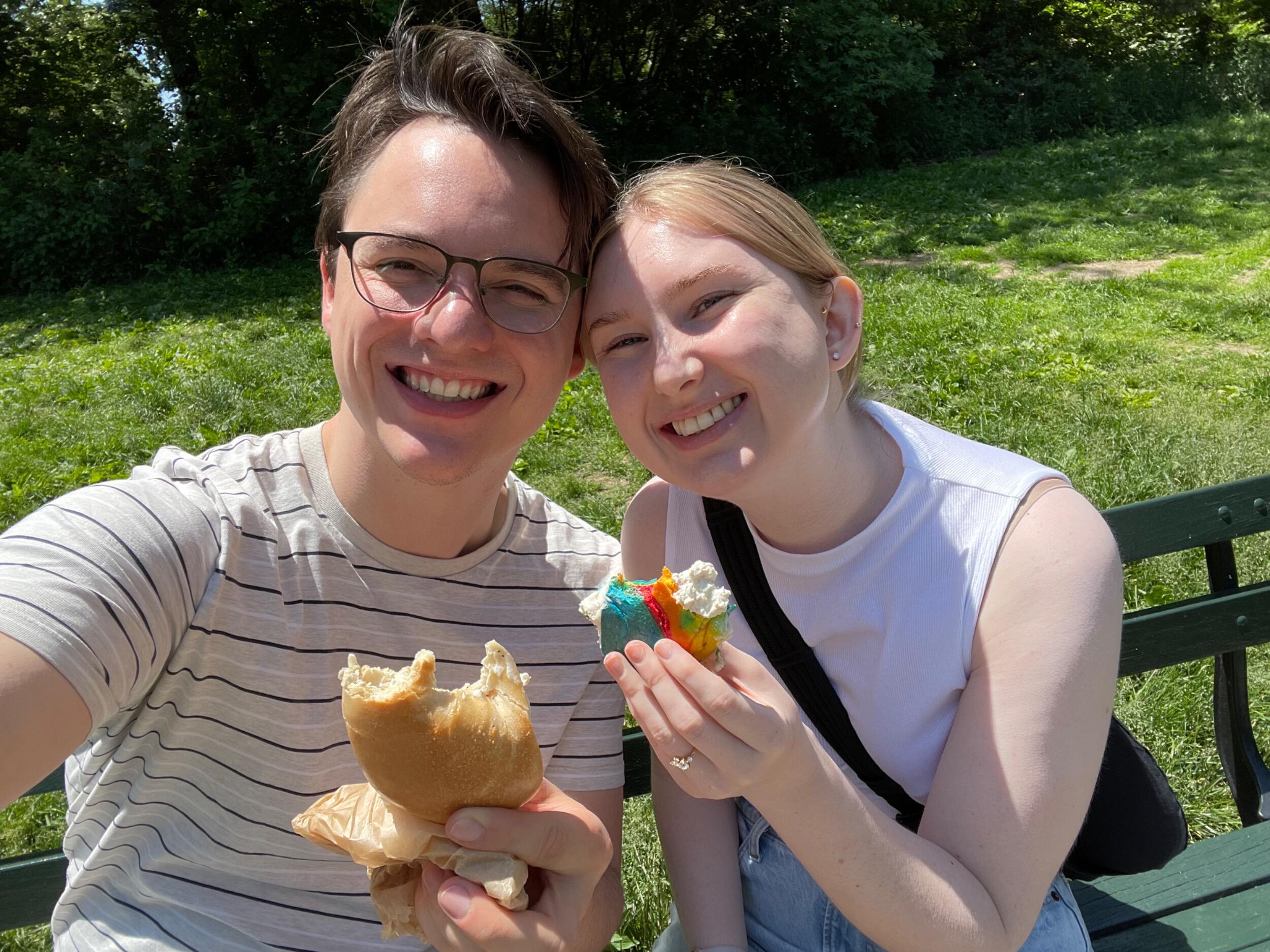 Eating bagels in Central Park, N.Y.