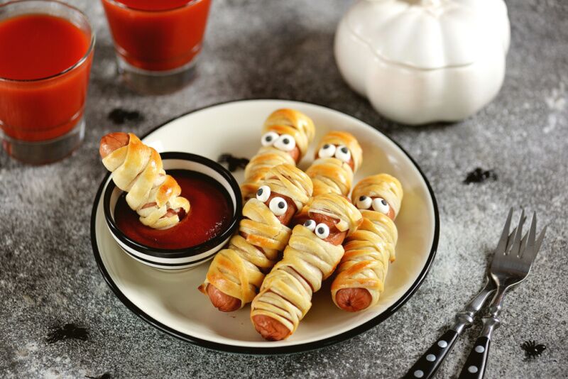 Halloween themed mummy hot dogs