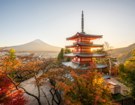 Chureito Pagoda and Mt.Fuji at sunset in Japan