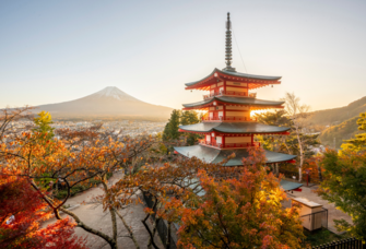 Chureito Pagoda and Mt.Fuji at sunset in Japan