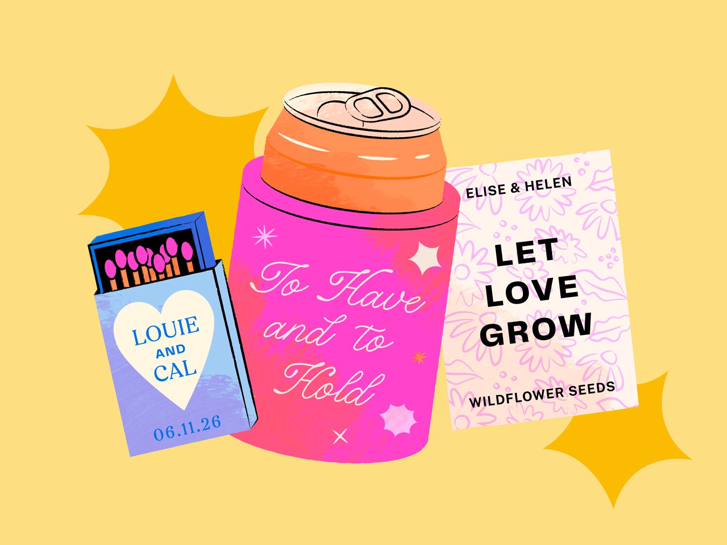 Wedding favor ideas including luggage tags, succulent and matchbox