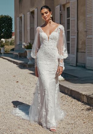 Lace Fit and Flare Bridal Gown with Sheer V-Back and Whisker Ruching