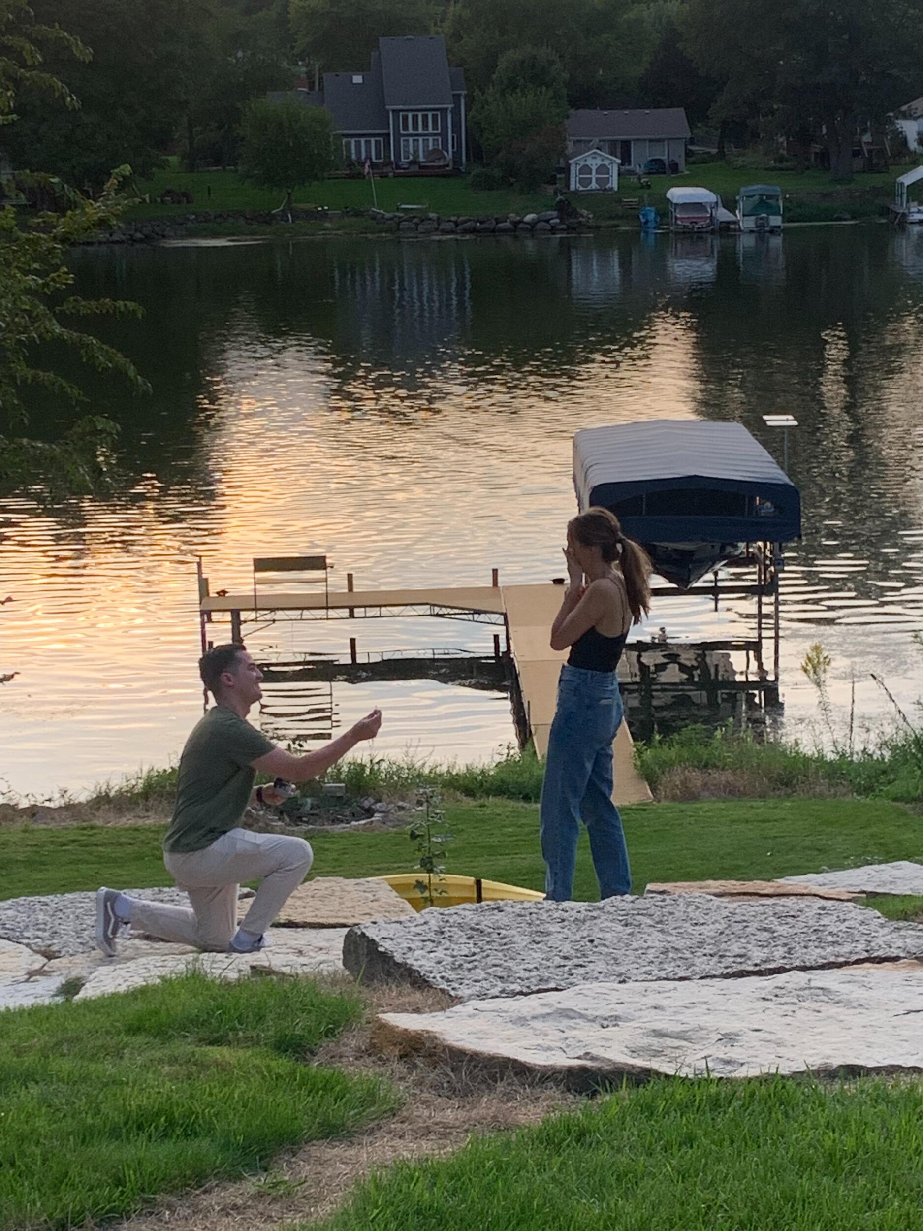 Brian Proposed to Jenna (with shot glasses in hand) on the river where they had one of their first dates.