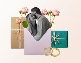 Collage of married couple surrounded by gifts