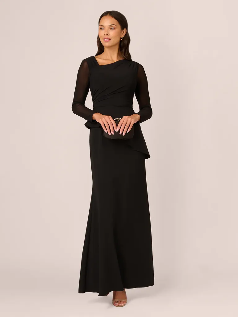 Black long sleeve asymmetrical winter wedding guest dress from Adrianna Papell