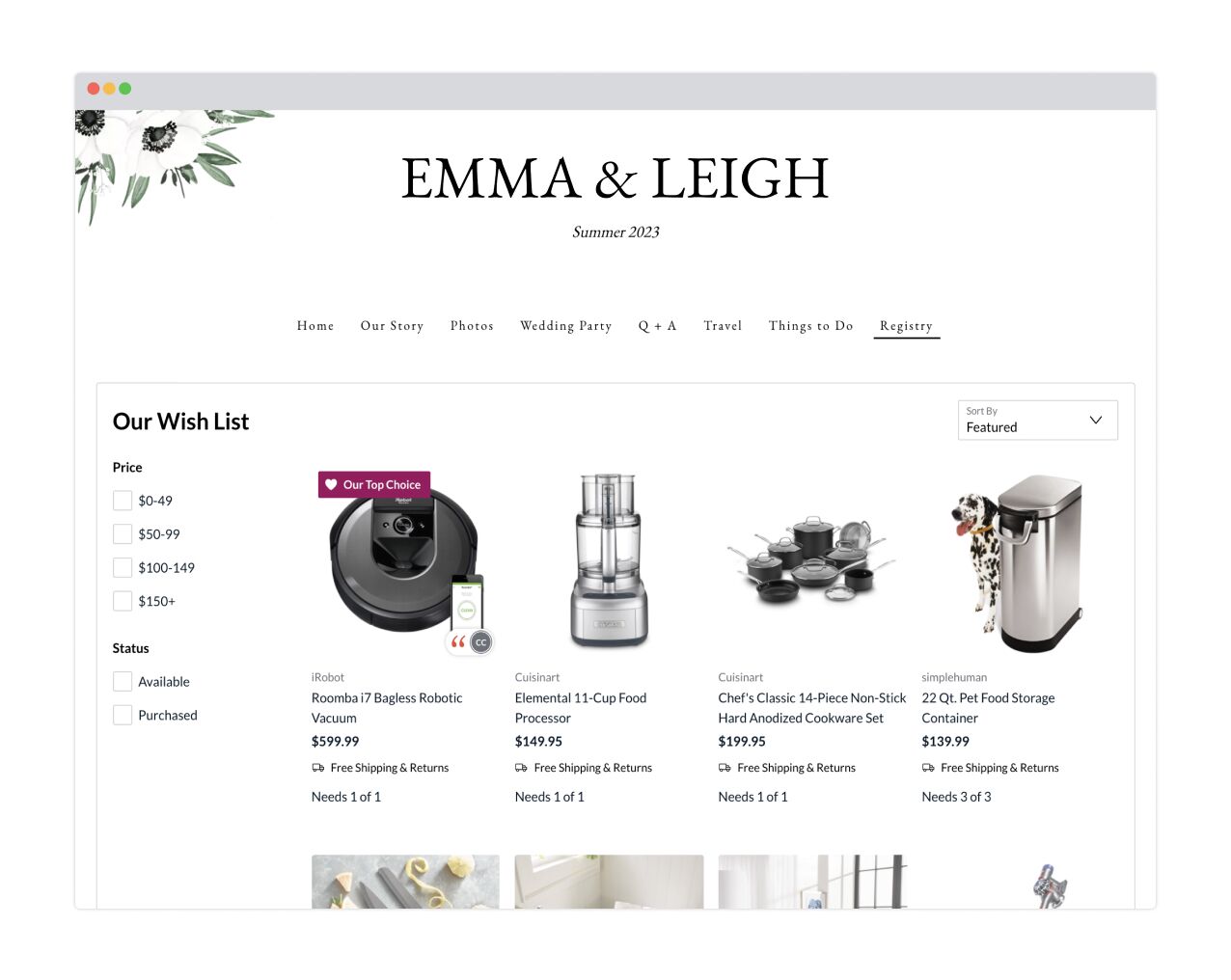 Emma and Leigh’s wedding registry page with a smart vacuum pinned to the top of the page and tagged as “Our Top Choice”